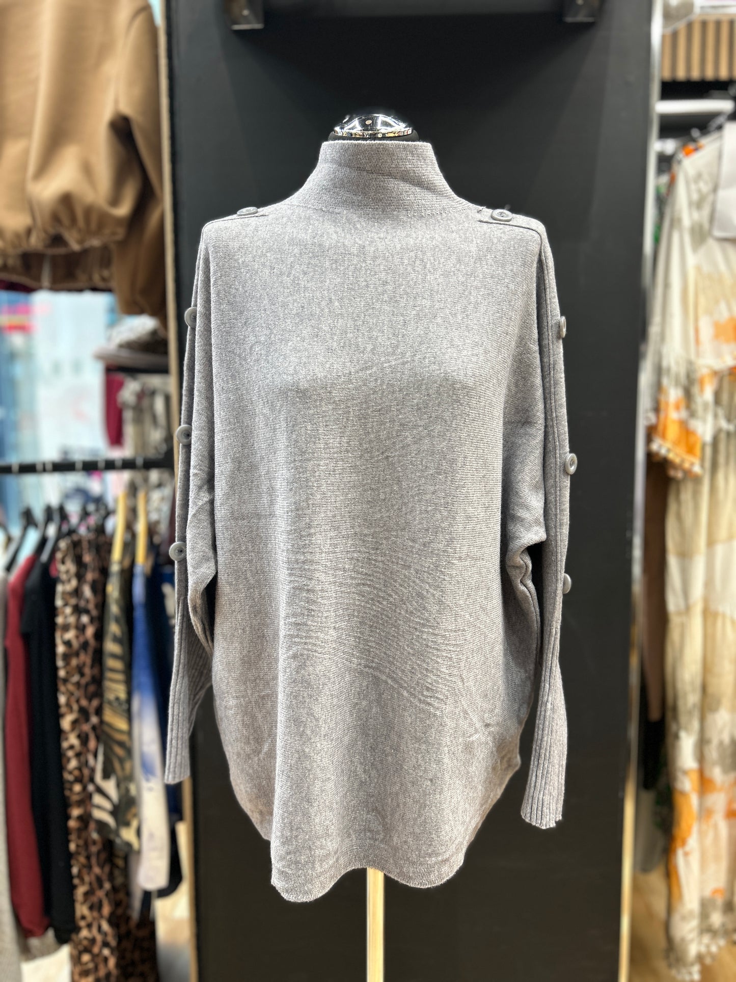 Button-Detail High Neck Knit Sweater