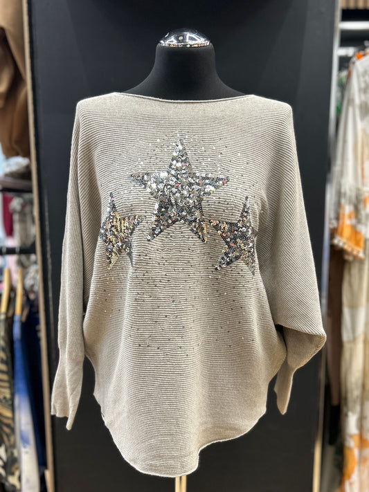 Sequin Three Star Relaxed Knit Sweater