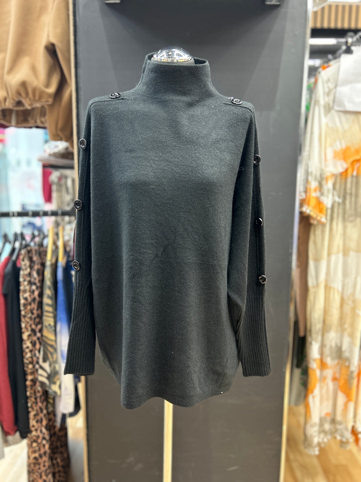 Button-Detail High Neck Knit Sweater