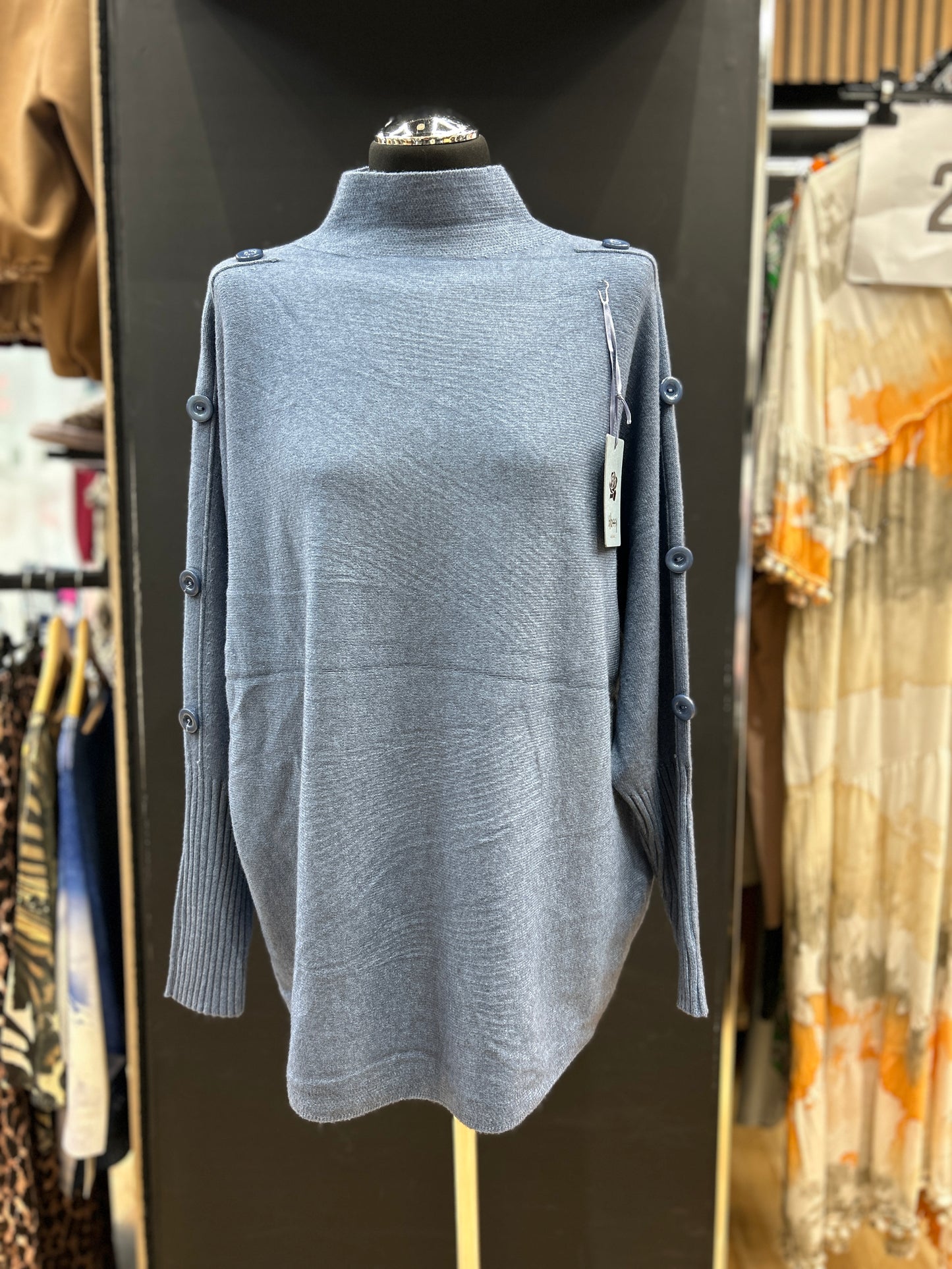 Button-Detail High Neck Knit Sweater