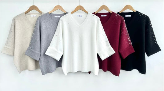 Embellished V-Neck Knit Top with Cuffed Sleeve