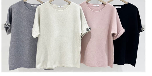 Embellished Cuff Short-Sleeve Knit Top