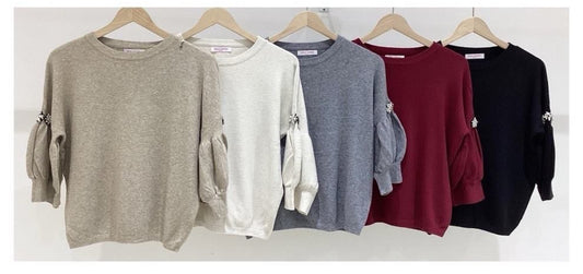 Embellished Puff-Sleeve Knit Top