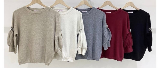 Flower Gem Puffed Sleeve Cashmere Sweater