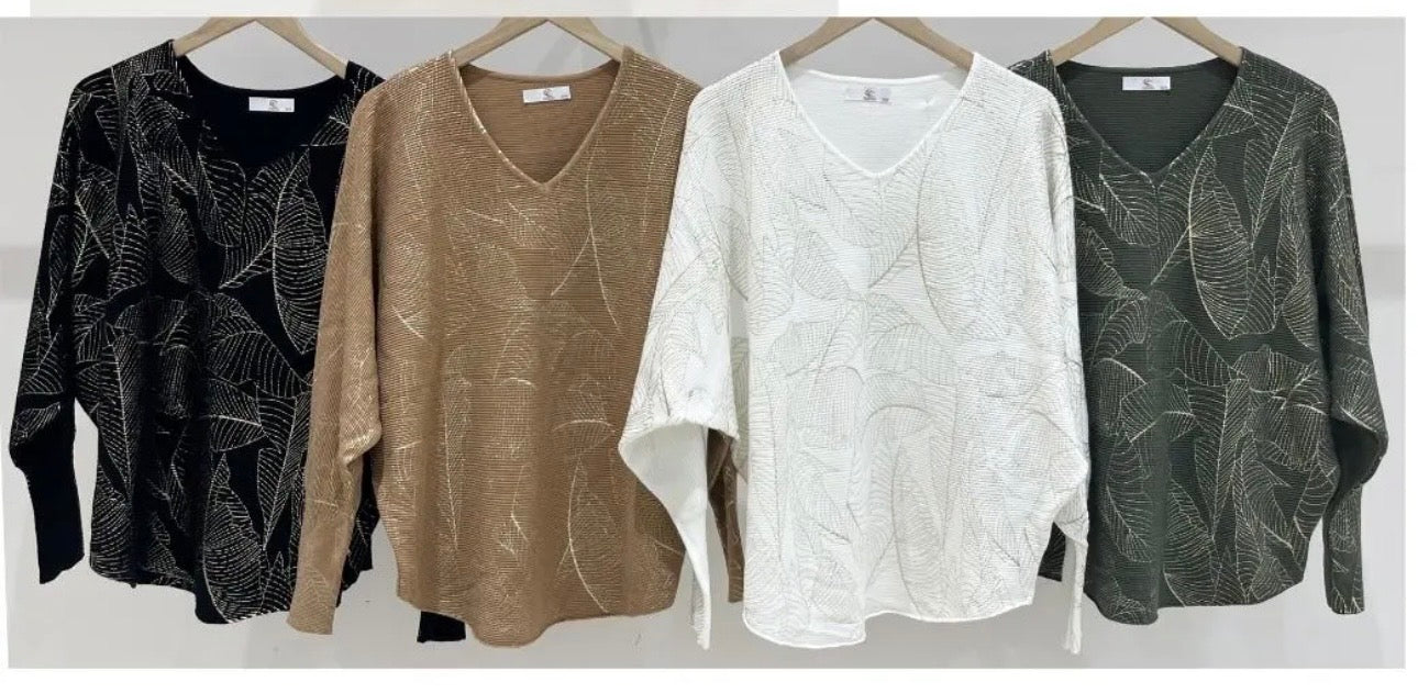 Leaf Print V-Neck Sweater