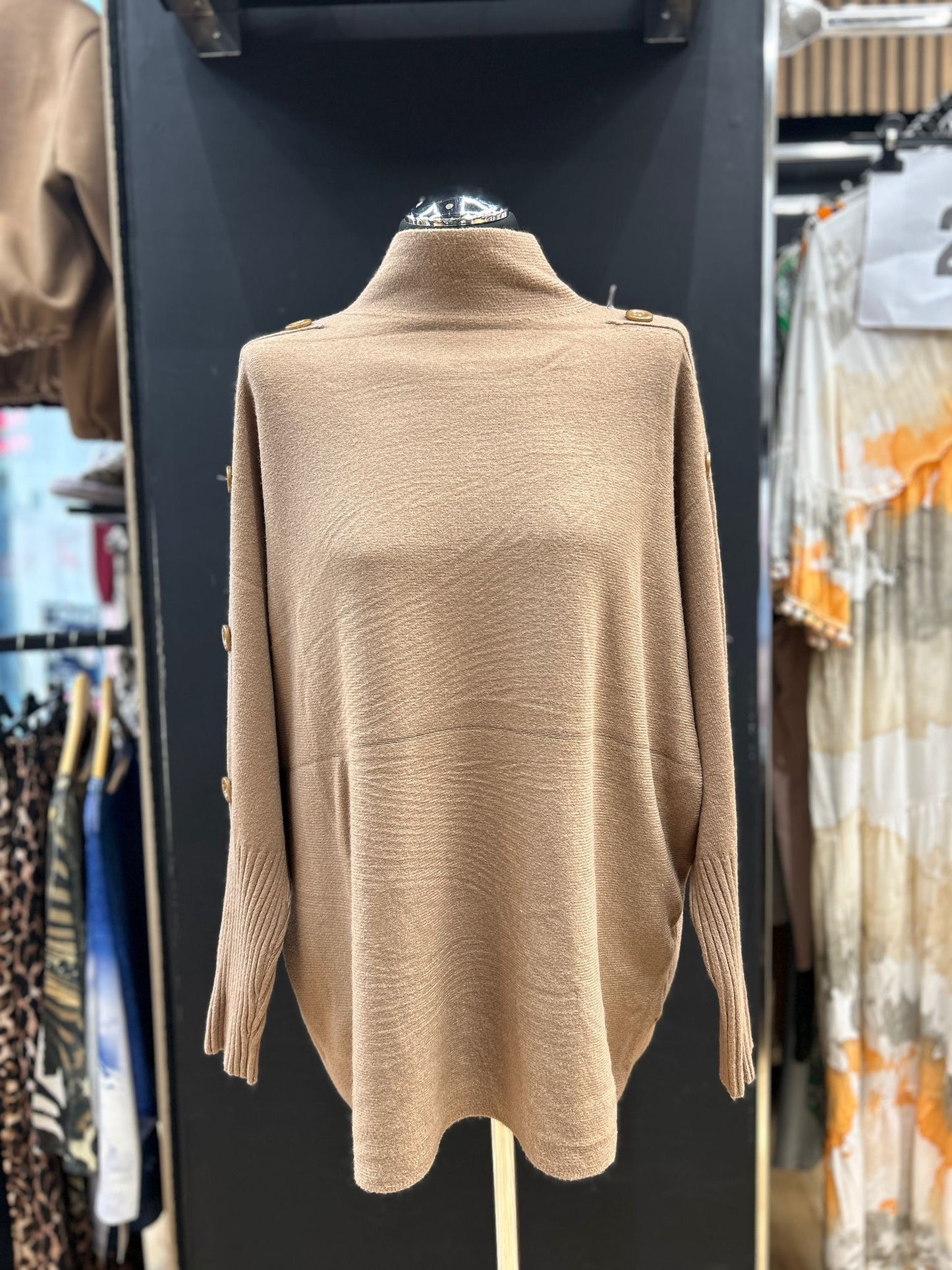 Button-Detail High Neck Knit Sweater